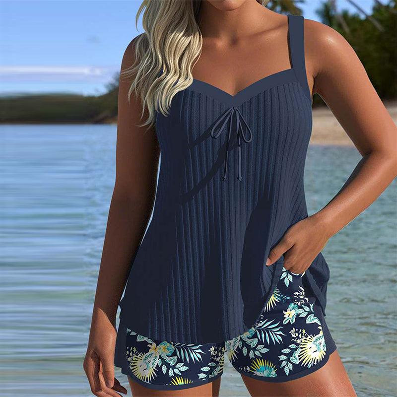 Striped Two-Piece Tankini with Swim Shorts