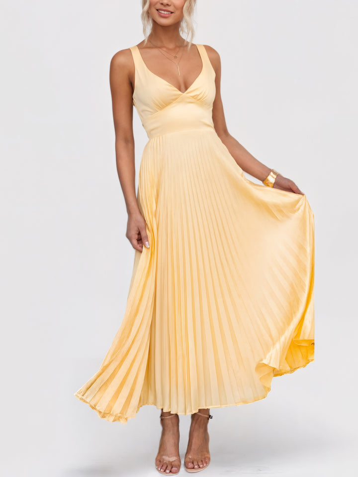Elena | V-Neck Yellow Pleated Dress