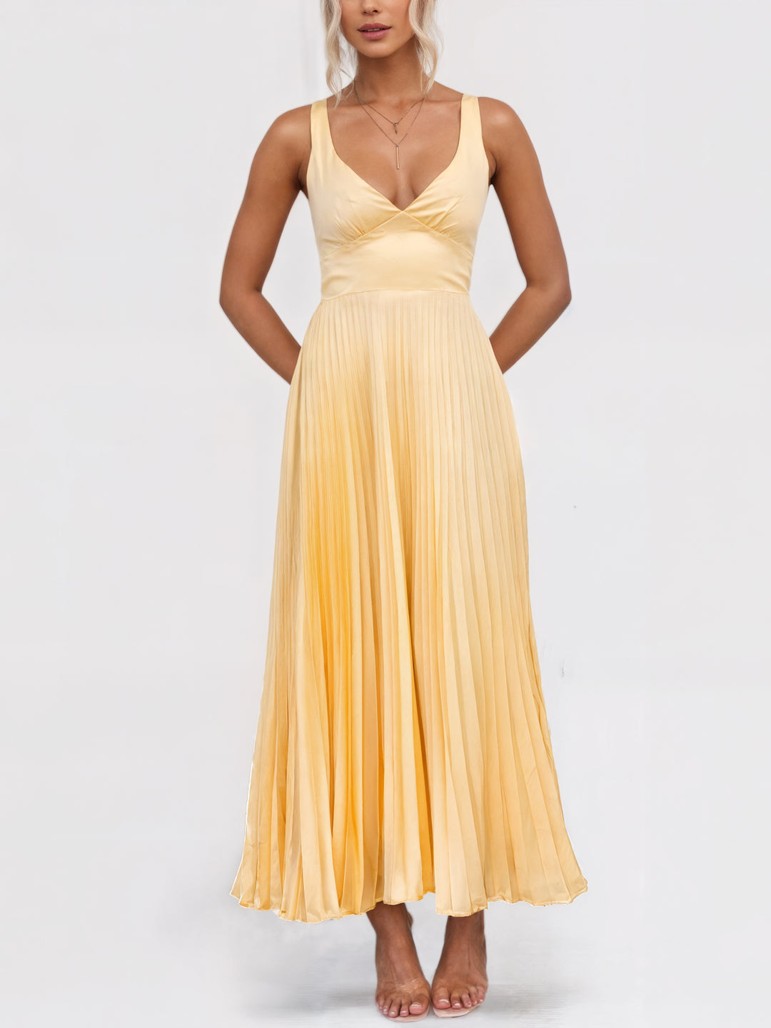 Elena | V-Neck Yellow Pleated Dress