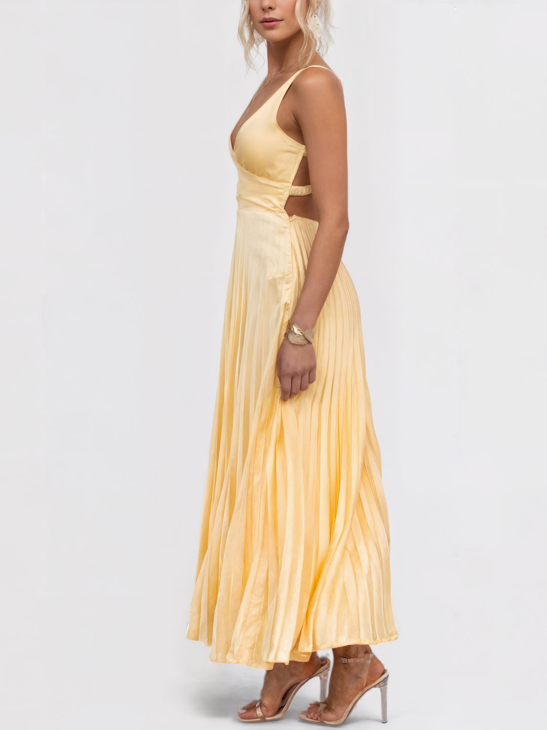 Elena | V-Neck Yellow Pleated Dress