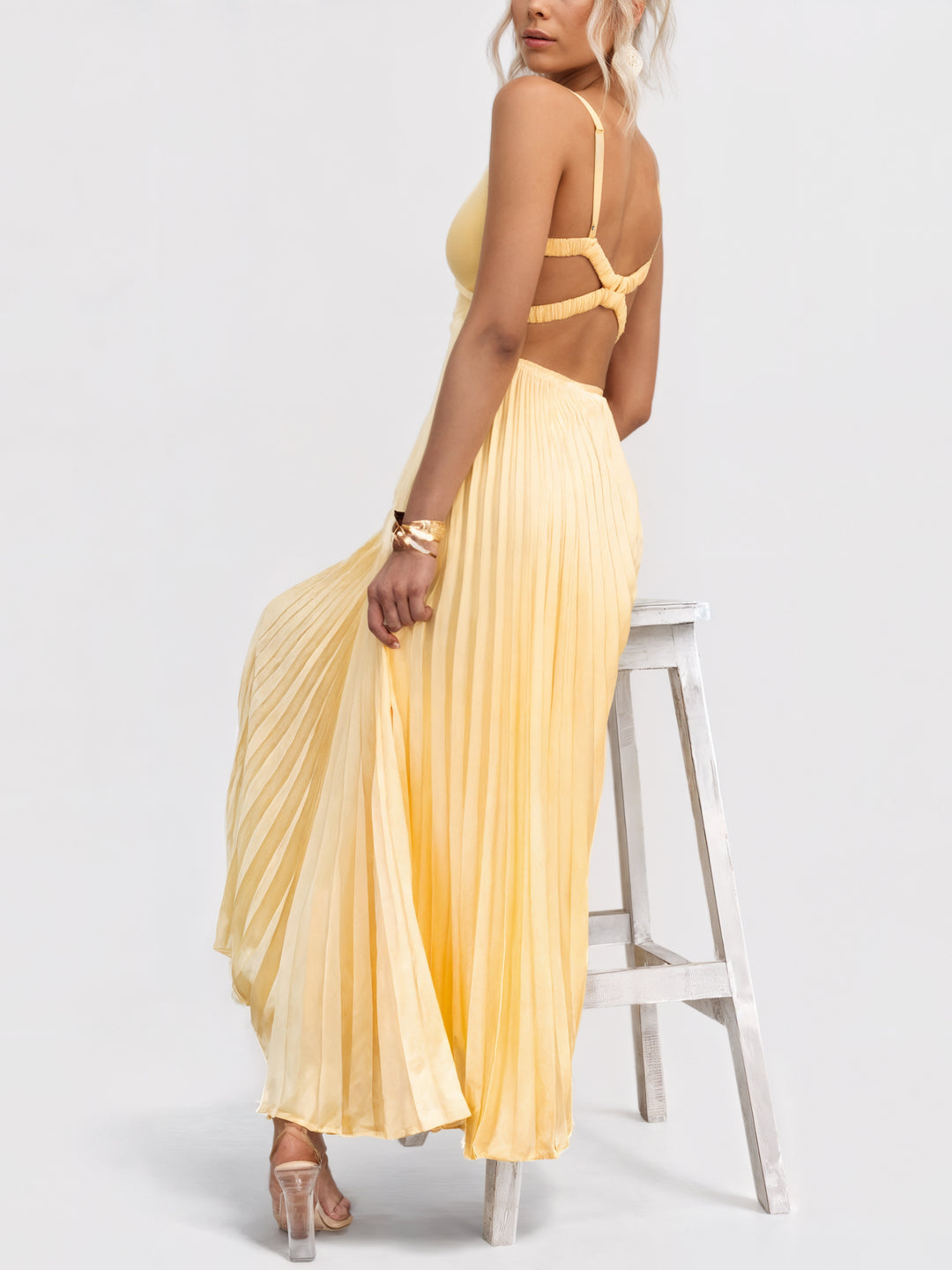 Elena | V-Neck Yellow Pleated Dress