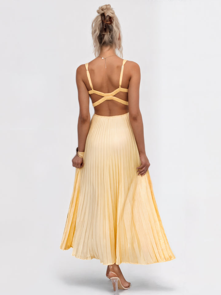 Elena | V-Neck Yellow Pleated Dress