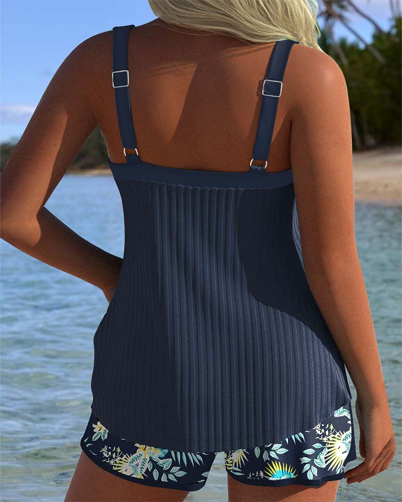 Striped Two-Piece Tankini with Swim Shorts