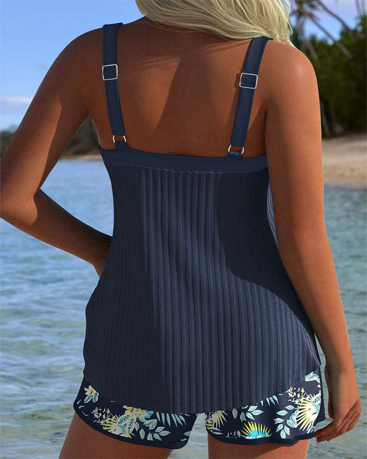 Striped Two-Piece Tankini with Swim Shorts