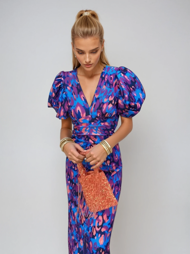 Arielle™ | Women's Colorful Midi Dress Featuring Pleated Sleeves