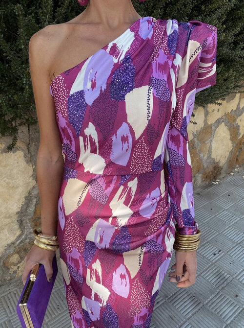 Yllana™ | Women's Purple One-Shoulder Midi Dress