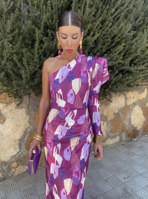 Yllana™ | Women's Purple One-Shoulder Midi Dress